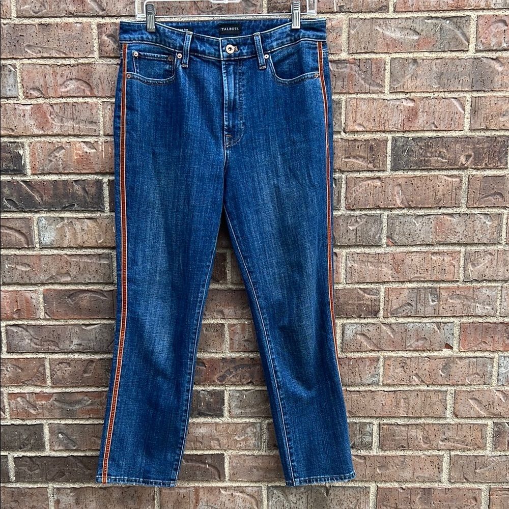Talbots Modern Ankle Straight Leg Jeans 8 Blue High Waist Copper Tuxedo Stripe